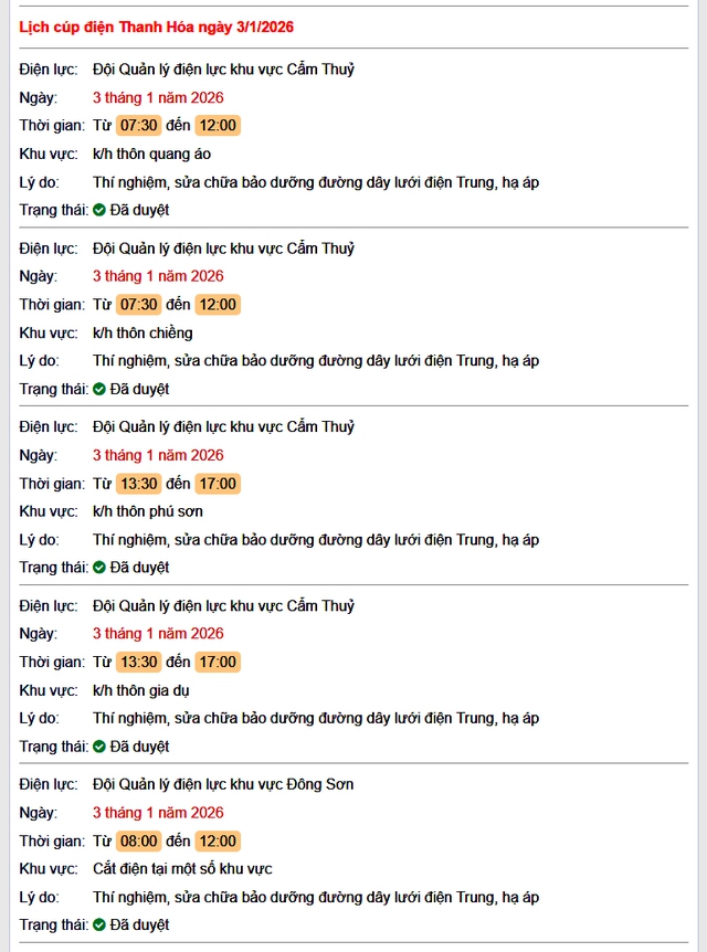 Tra cứu lịch cắt điện Thanh Hóa hôm nay Thứ 7 ngày 3/1/2026- Ảnh 1.