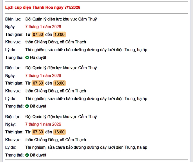 Tra cứu lịch cắt điện Thanh Hóa hôm nay Thứ 4 ngày 7/1/2026- Ảnh 1.