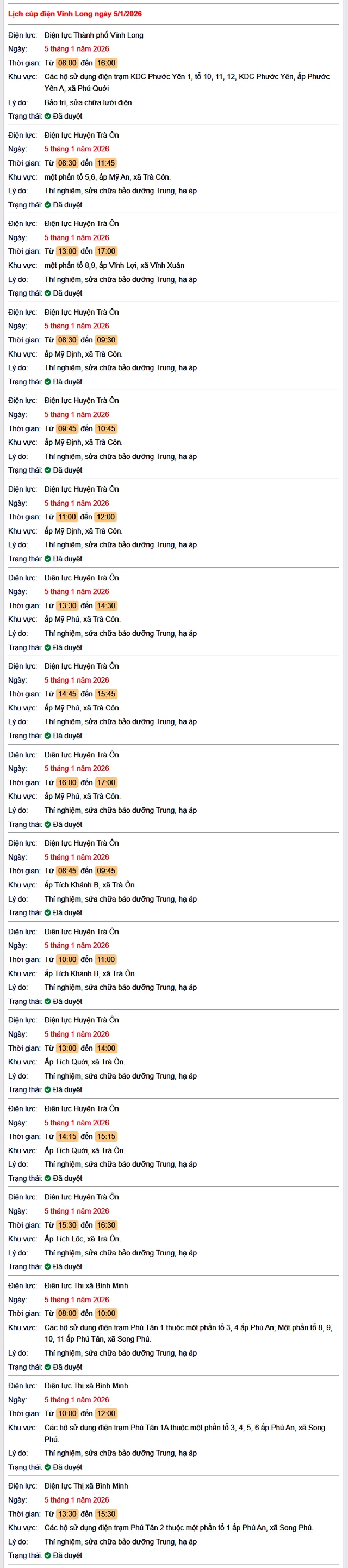Tra cứu lịch cúp điện Vĩnh Long hôm nay Thứ 2 ngày 5/1/2026- Ảnh 1.