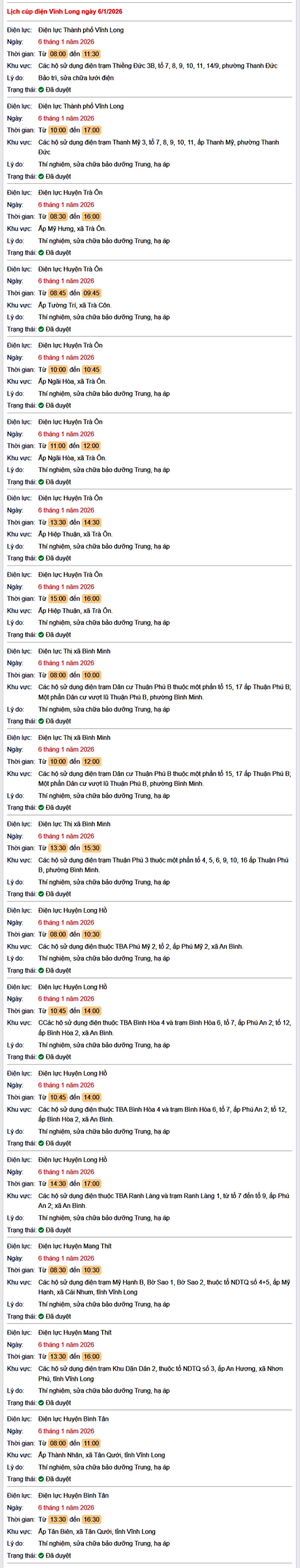Tra cứu lịch cúp điện Vĩnh Long hôm nay Thứ 3 ngày 6/1/2026- Ảnh 1.
