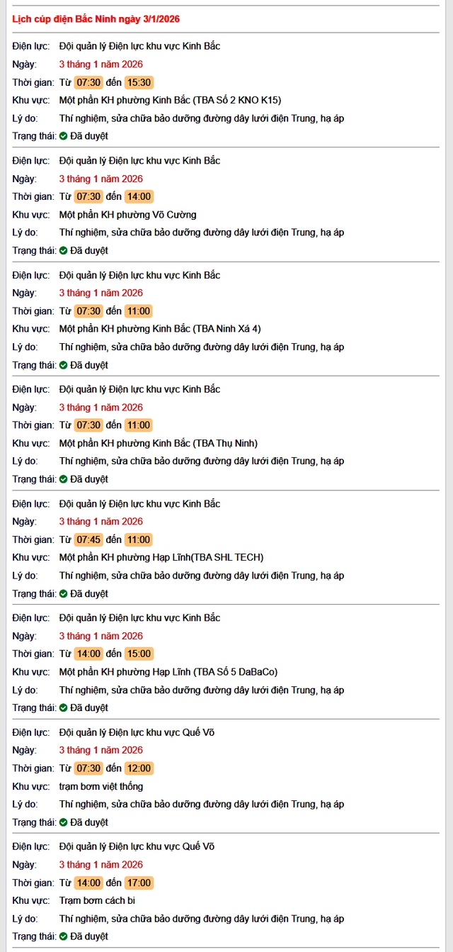 Tra cứu lịch cắt điện Bắc Ninh hôm nay Thứ 7 ngày 3/1/2026- Ảnh 1.