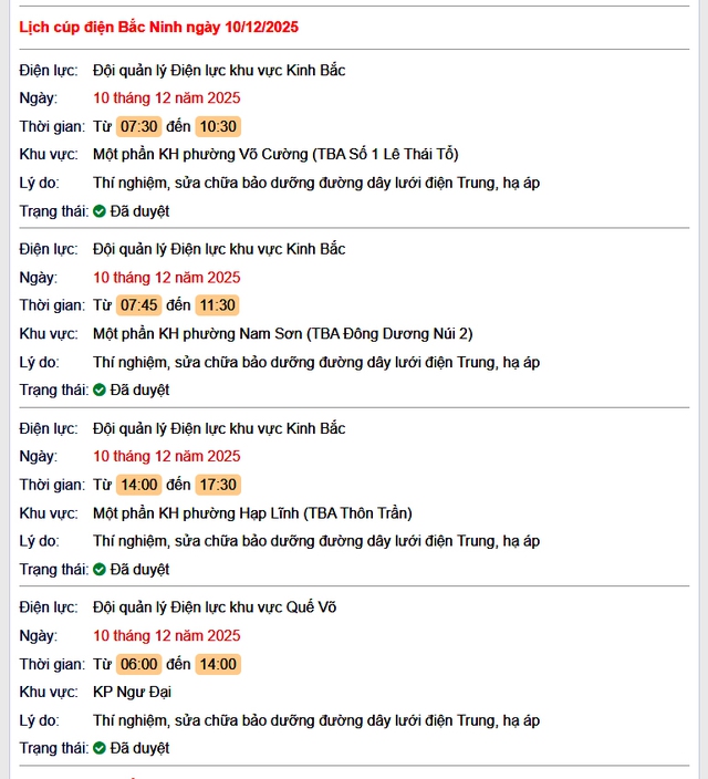 Tra cứu lịch cắt điện Bắc Ninh hôm nay Thứ 4 ngày 10/12/2025- Ảnh 1. Tra cứu lịch cắt điện Bắc Ninh hôm nay Thứ 4 ngày 10/12/2025- Ảnh 1.