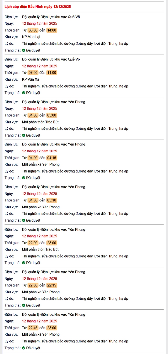 Tra cứu lịch cắt điện Bắc Ninh hôm nay Thứ 6 ngày 12/12/2025- Ảnh 1. Tra cứu lịch cắt điện Bắc Ninh hôm nay Thứ 6 ngày 12/12/2025- Ảnh 1.