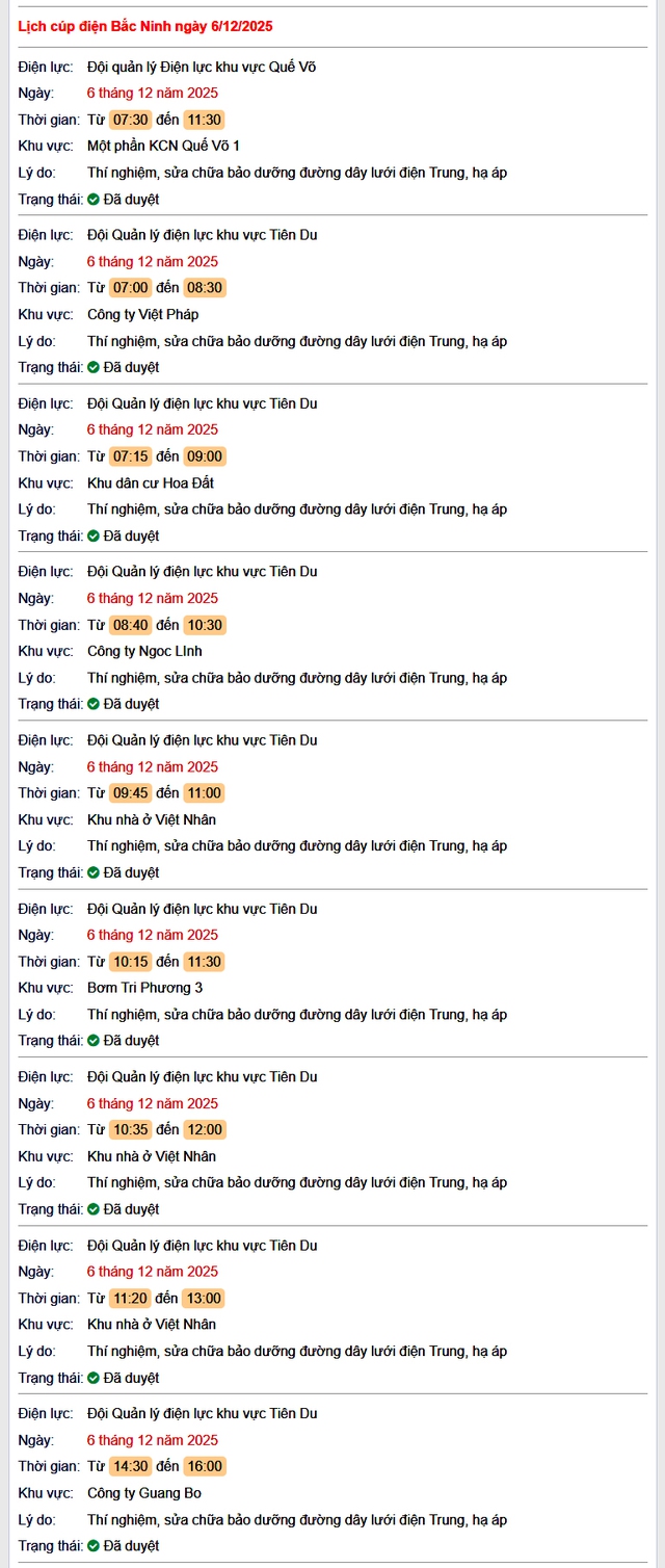 Tra cứu lịch cắt điện Bắc Ninh hôm nay Thứ 7 ngày 6/12/2025- Ảnh 1.