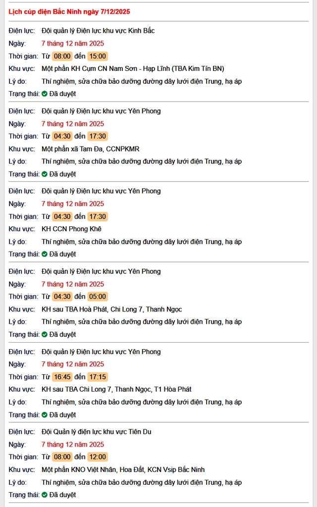 Tra cứu lịch cắt điện Bắc Ninh hôm nay Chủ Nhật ngày 7/12/2025- Ảnh 1. Tra cứu lịch cắt điện Bắc Ninh hôm nay Chủ Nhật ngày 7/12/2025- Ảnh 1.