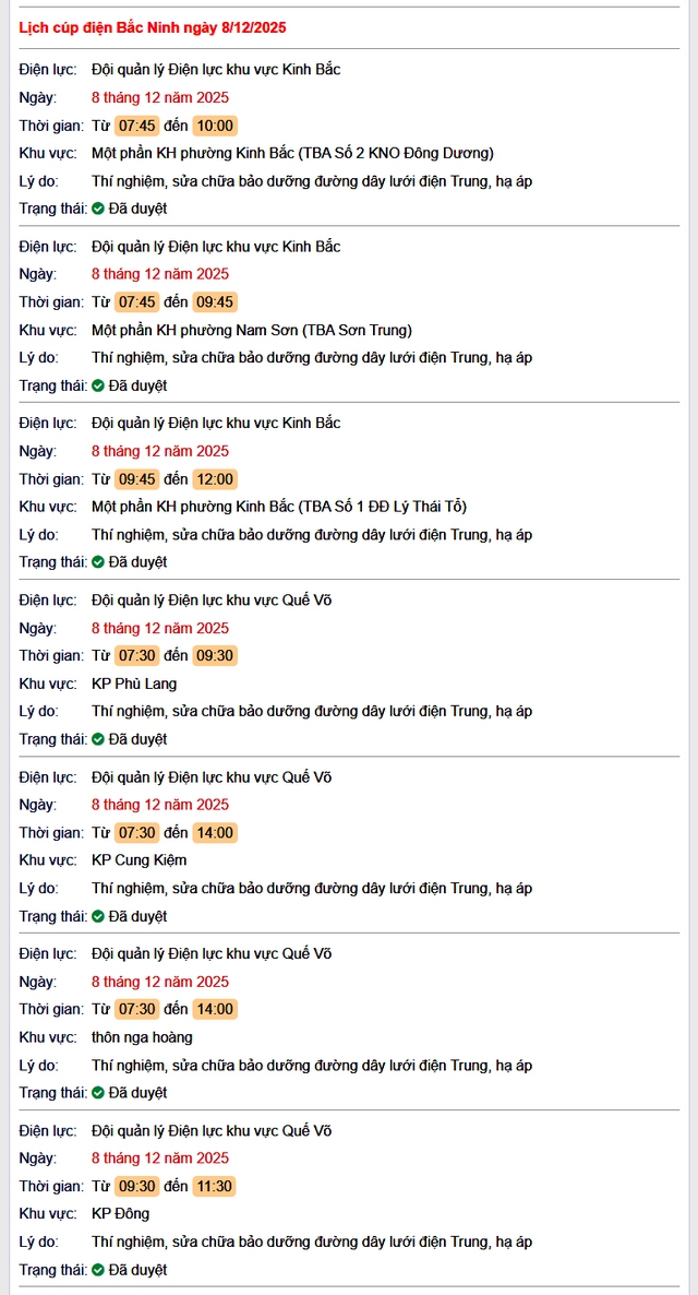 Tra cứu lịch cắt điện Bắc Ninh hôm nay Thứ 2 ngày 8/12/2025- Ảnh 1. Tra cứu lịch cắt điện Bắc Ninh hôm nay Thứ 2 ngày 8/12/2025- Ảnh 1.