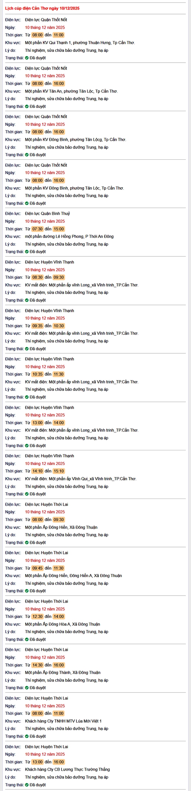 Tra cứu lịch cúp điện Cần Thơ hôm nay Thứ 4 ngày 10/12/2025- Ảnh 1. Tra cứu lịch cúp điện Cần Thơ hôm nay Thứ 4 ngày 10/12/2025- Ảnh 1.