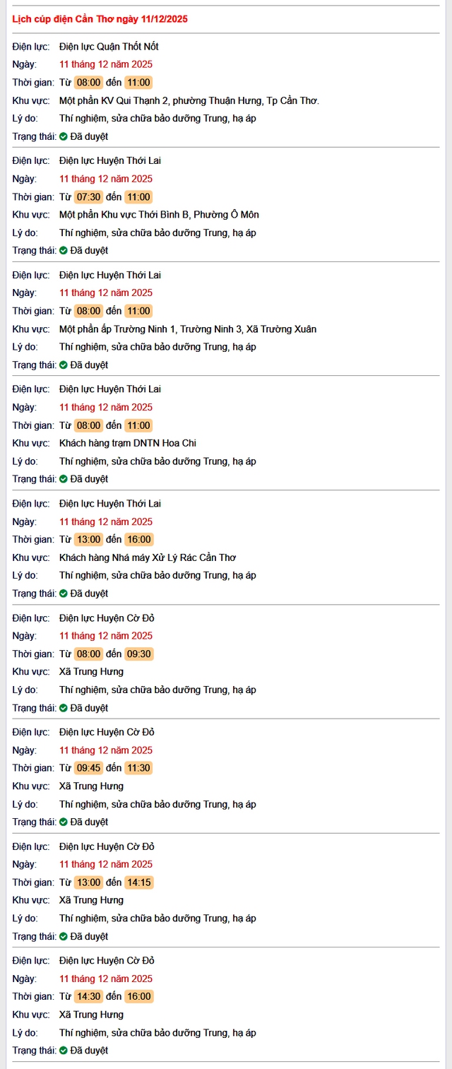 Tra cứu lịch cúp điện Cần Thơ hôm nay Thứ 5 ngày 11/12/2025- Ảnh 1. Tra cứu lịch cúp điện Cần Thơ hôm nay Thứ 5 ngày 11/12/2025- Ảnh 1.
