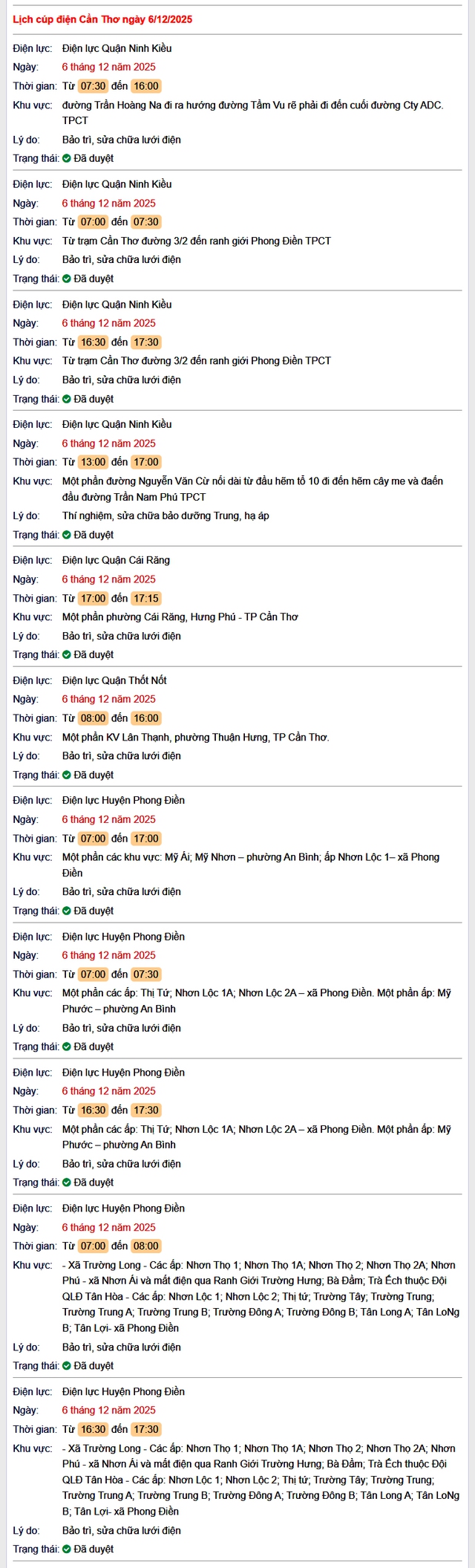 Tra cứu lịch cúp điện Cần Thơ hôm nay Thứ 7 ngày 6/12/2025- Ảnh 1.