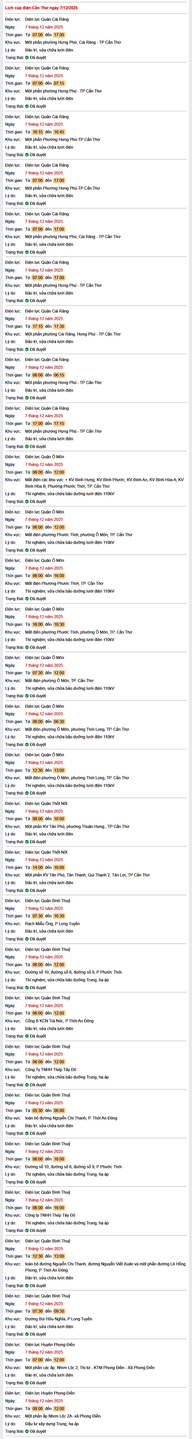 Tra cứu lịch cúp điện Cần Thơ hôm nay Chủ Nhật ngày 7/12/2025- Ảnh 1. Tra cứu lịch cúp điện Cần Thơ hôm nay Chủ Nhật ngày 7/12/2025- Ảnh 1.