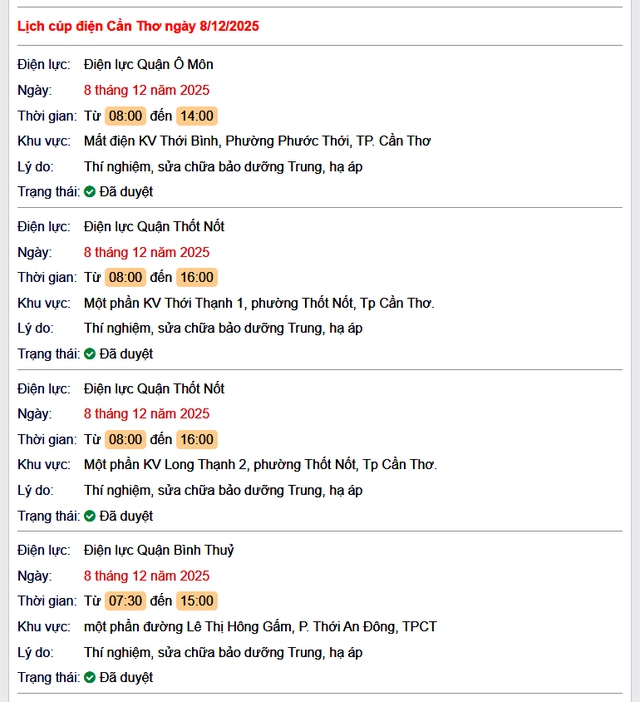 Tra cứu lịch cúp điện Cần Thơ hôm nay Thứ 2 ngày 8/12/2025- Ảnh 1. Tra cứu lịch cúp điện Cần Thơ hôm nay Thứ 2 ngày 8/12/2025- Ảnh 1.