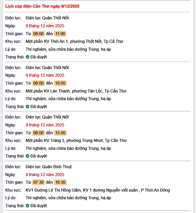 Tra cứu lịch cúp điện Cần Thơ hôm nay Thứ 3 ngày 9/12/2025- Ảnh 1. Tra cứu lịch cúp điện Cần Thơ hôm nay Thứ 3 ngày 9/12/2025- Ảnh 1.