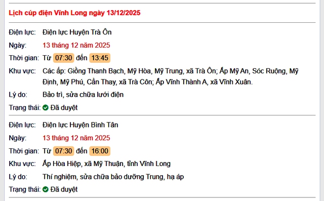 Tra cứu lịch cúp điện Vĩnh Long hôm nay Thứ 7 ngày 13/12/2025- Ảnh 1. Tra cứu lịch cúp điện Vĩnh Long hôm nay Thứ 7 ngày 13/12/2025- Ảnh 1.