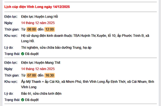 Tra cứu lịch cúp điện Vĩnh Long hôm nay Chủ Nhật ngày 14/12/2025- Ảnh 1. Tra cứu lịch cúp điện Vĩnh Long hôm nay Chủ Nhật ngày 14/12/2025- Ảnh 1.