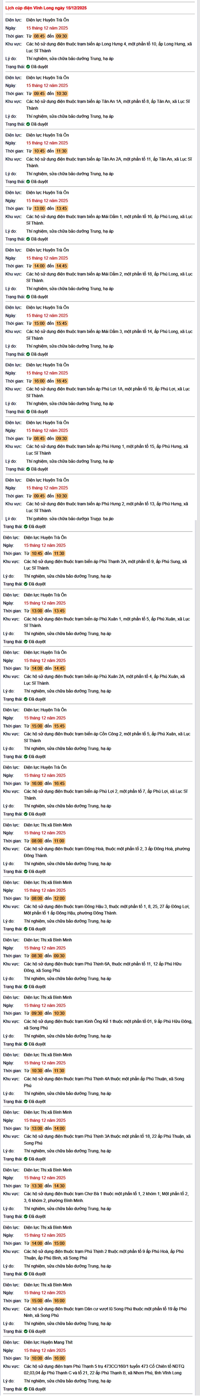 Tra cứu lịch cúp điện Vĩnh Long hôm nay Thứ 2 ngày 15/12/2025- Ảnh 1. Tra cứu lịch cúp điện Vĩnh Long hôm nay Thứ 2 ngày 15/12/2025- Ảnh 1.