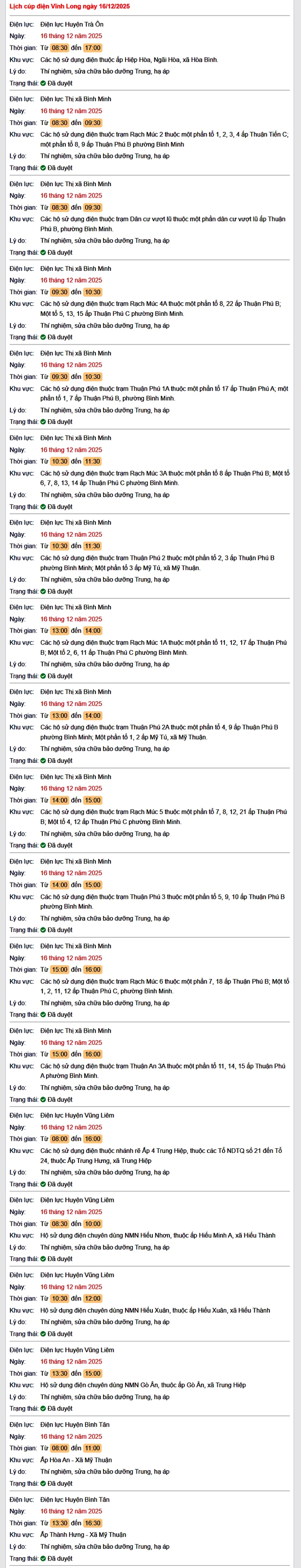 Tra cứu lịch cúp điện Vĩnh Long hôm nay Thứ 3 ngày 16/12/2025- Ảnh 1.