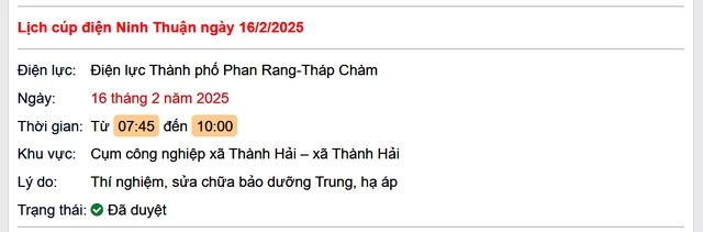 Lịch cúp điện hôm nay Chủ Nhật ngày 16/2/2025 tại Ninh Thuận- Ảnh 1.