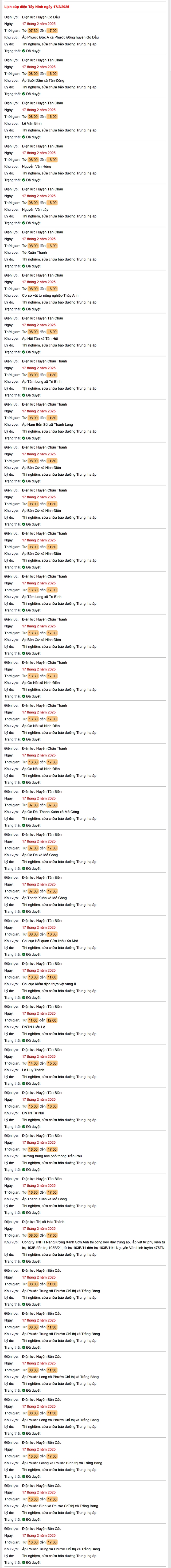 Lịch cúp điện hôm nay Thứ 2 ngày 17/2/2025 tại Tây Ninh- Ảnh 1. Lịch cúp điện hôm nay Thứ 2 ngày 17/2/2025 tại Tây Ninh- Ảnh 1.