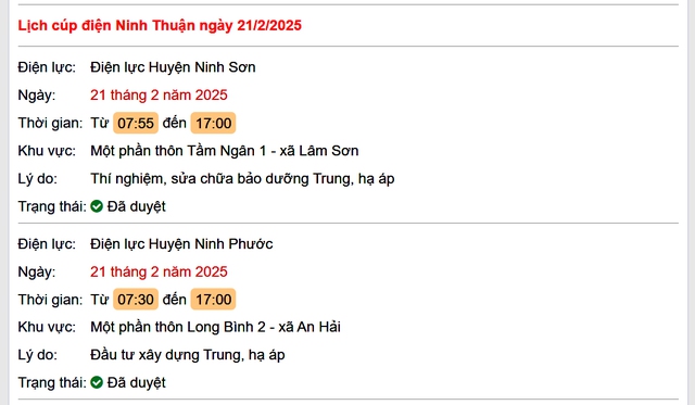 Lịch cúp điện hôm nay Thứ 6 ngày 21/2/2025 tại Ninh Thuận- Ảnh 1.