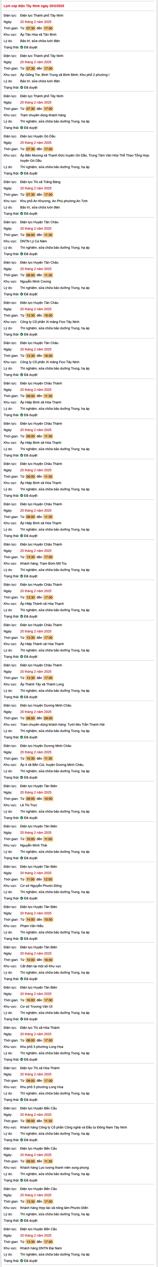 Lịch cúp điện hôm nay Thứ 5 ngày 20/2/2025 tại Tây Ninh- Ảnh 1.