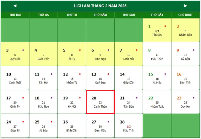 Lịch âm 20/2 - Âm lịch hôm nay 20/2 - Lịch vạn niên ngày 20/2/2025- Ảnh 1.