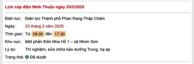 Lịch cúp điện hôm nay Chủ Nhật ngày 23/2/2025 tại Ninh Thuận- Ảnh 1.