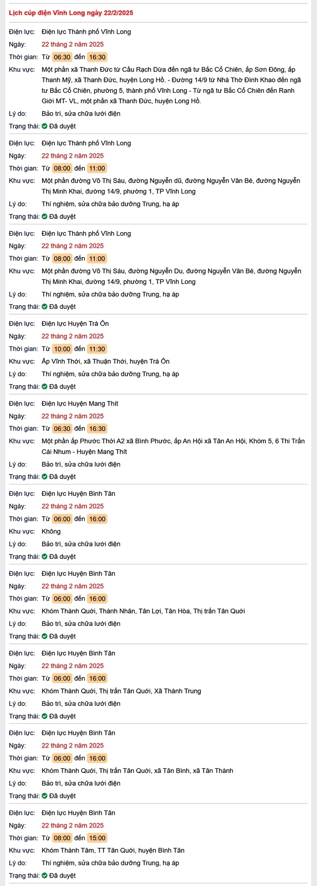 Lịch cúp điện hôm nay Thứ 7 ngày 22/2/2025 tại Vĩnh Long- Ảnh 1. Lịch cúp điện hôm nay Thứ 7 ngày 22/2/2025 tại Vĩnh Long- Ảnh 1.