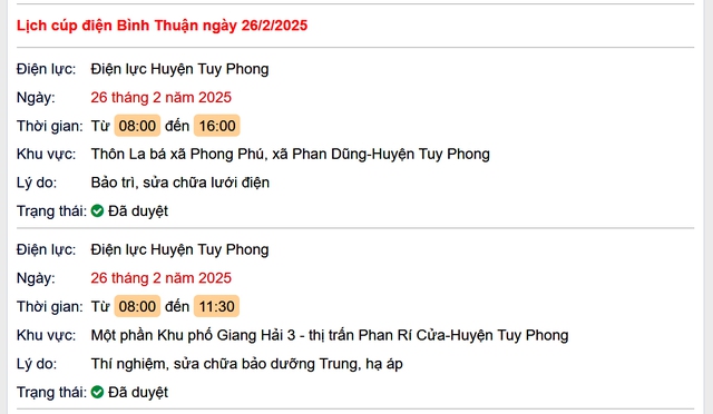 Lịch cúp điện hôm nay Thứ 4 ngày 26/2/2025 tại Bình Thuận- Ảnh 1.