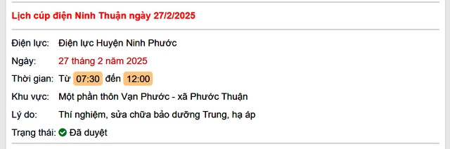 Lịch cúp điện hôm nay Thứ 5 ngày 27/2/2025 tại Ninh Thuận- Ảnh 1.