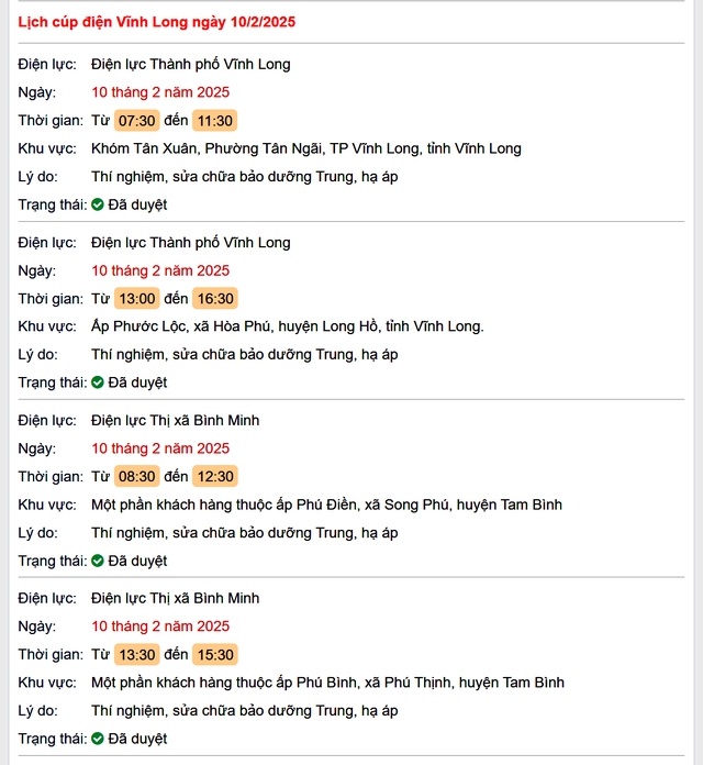 Lịch cúp điện hôm nay Thứ 2 ngày 10/2/2025 tại Vĩnh Long- Ảnh 1. Lịch cúp điện hôm nay Thứ 2 ngày 10/2/2025 tại Vĩnh Long- Ảnh 1.