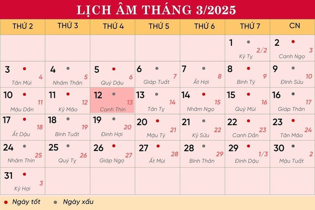 Lịch âm 12/3 - Âm lịch hôm nay 12/3 - Lịch vạn niên ngày 12/3/2025