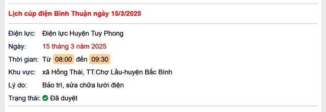 Lịch cúp điện hôm nay Thứ 7 ngày 15/3/2025 tại Bình Thuận- Ảnh 1. Lịch cúp điện hôm nay Thứ 7 ngày 15/3/2025 tại Bình Thuận- Ảnh 1.