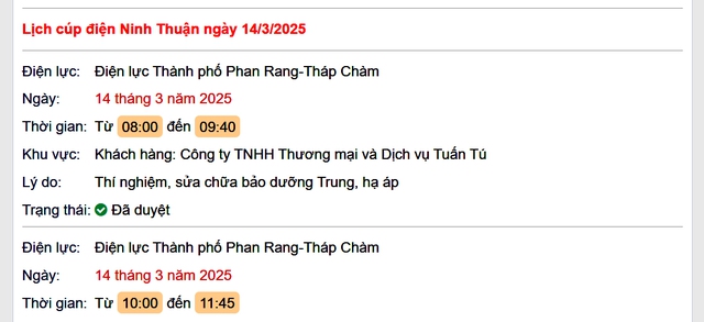 Lịch cúp điện hôm nay Thứ 6 ngày 14/3/2025 tại Ninh Thuận- Ảnh 1.