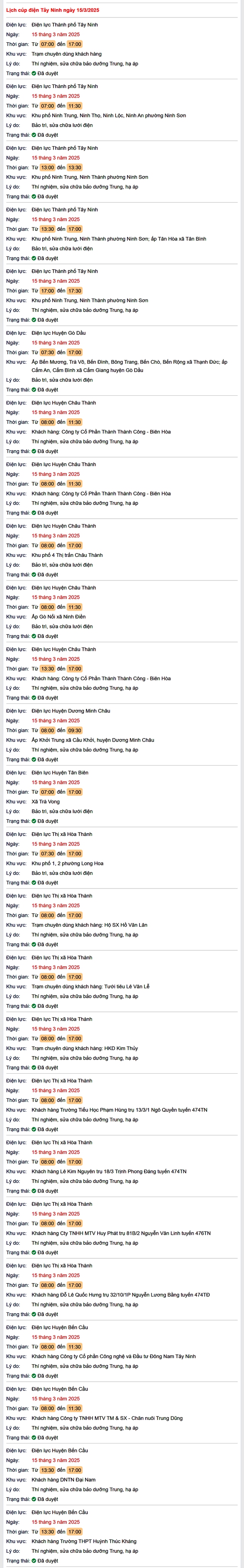 Lịch cúp điện hôm nay Thứ 7 ngày 15/3/2025 tại Tây Ninh- Ảnh 1.