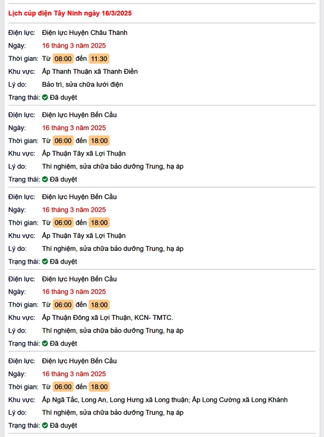 Lịch cúp điện hôm nay Chủ Nhật ngày 16/3/2025 tại Tây Ninh- Ảnh 1. Lịch cúp điện hôm nay Chủ Nhật ngày 16/3/2025 tại Tây Ninh- Ảnh 1.