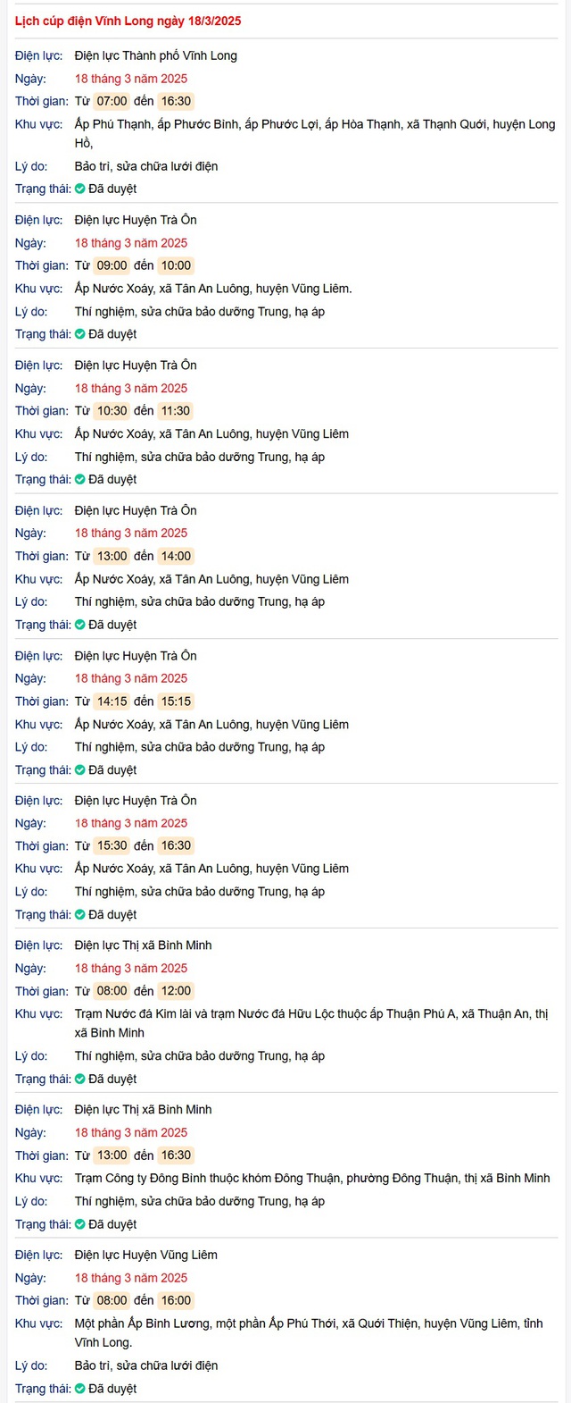 Lịch cúp điện hôm nay Thứ 3 ngày 18/3/2025 tại Vĩnh Long- Ảnh 1. Lịch cúp điện hôm nay Thứ 3 ngày 18/3/2025 tại Vĩnh Long- Ảnh 1.
