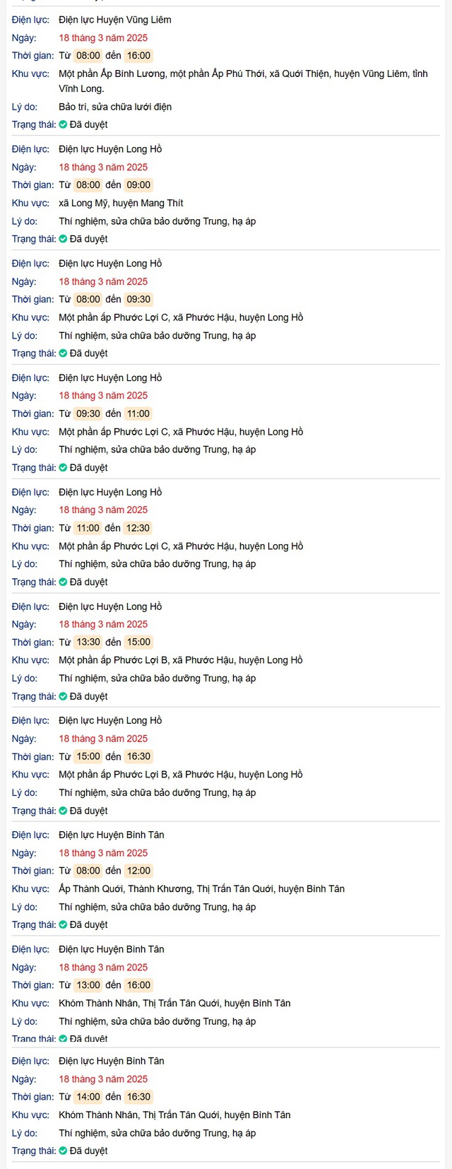 Lịch cúp điện hôm nay Thứ 3 ngày 18/3/2025 tại Vĩnh Long- Ảnh 2. Lịch cúp điện hôm nay Thứ 3 ngày 18/3/2025 tại Vĩnh Long- Ảnh 2.