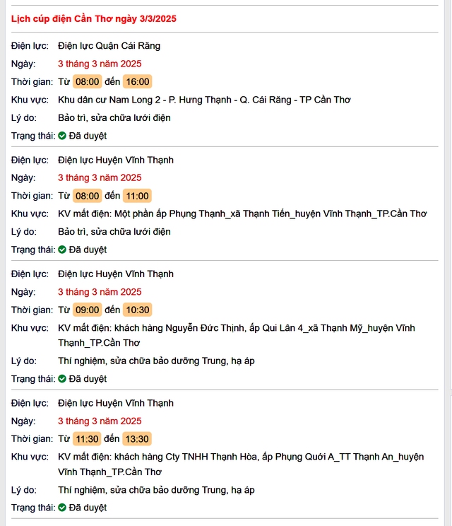 Lịch cúp điện hôm nay Thứ 2 ngày 3/3/2025 tại Cần Thơ- Ảnh 1. Lịch cúp điện hôm nay Thứ 2 ngày 3/3/2025 tại Cần Thơ- Ảnh 1.
