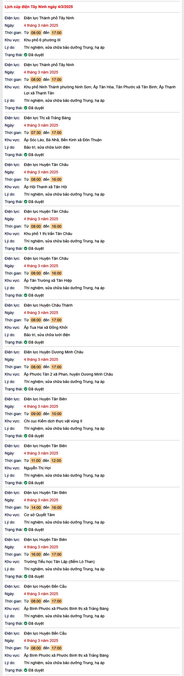 Lịch cúp điện hôm nay Thứ 3 ngày 4/3/2025 tại Tây Ninh- Ảnh 1. Lịch cúp điện hôm nay Thứ 3 ngày 4/3/2025 tại Tây Ninh- Ảnh 1.