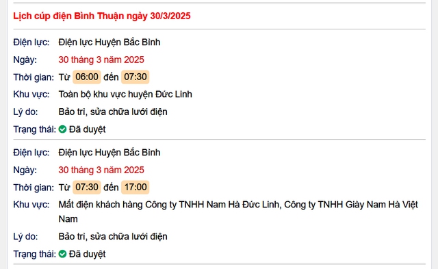 Lịch cúp điện hôm nay Chủ Nhật ngày 30/3/2025 tại Bình Thuận- Ảnh 1. Lịch cúp điện hôm nay Chủ Nhật ngày 30/3/2025 tại Bình Thuận- Ảnh 1.