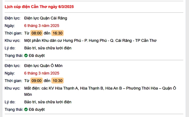 Lịch cúp điện hôm nay Thứ 5 ngày 6/3/2025 tại Cần Thơ- Ảnh 1. Lịch cúp điện hôm nay Thứ 5 ngày 6/3/2025 tại Cần Thơ- Ảnh 1.