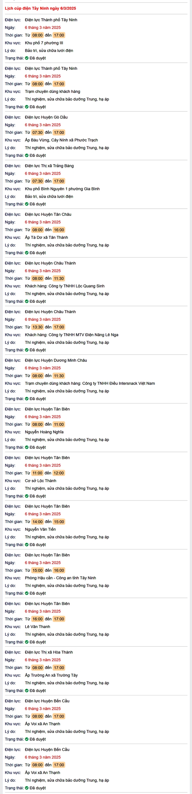 Lịch cúp điện hôm nay Thứ 5 ngày 6/3/2025 tại Tây Ninh- Ảnh 1. Lịch cúp điện hôm nay Thứ 5 ngày 6/3/2025 tại Tây Ninh- Ảnh 1.