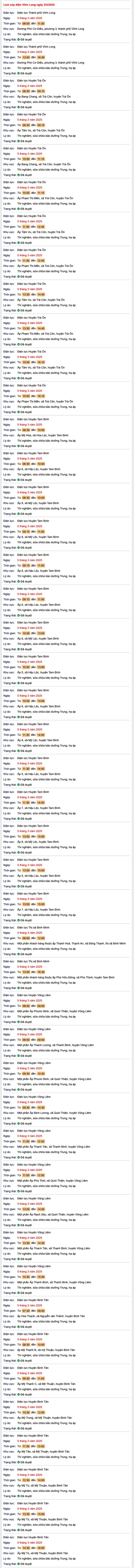 Lịch cúp điện hôm nay Thứ 4 ngày 5/3/2025 tại Vĩnh Long- Ảnh 1. Lịch cúp điện hôm nay Thứ 4 ngày 5/3/2025 tại Vĩnh Long- Ảnh 1.
