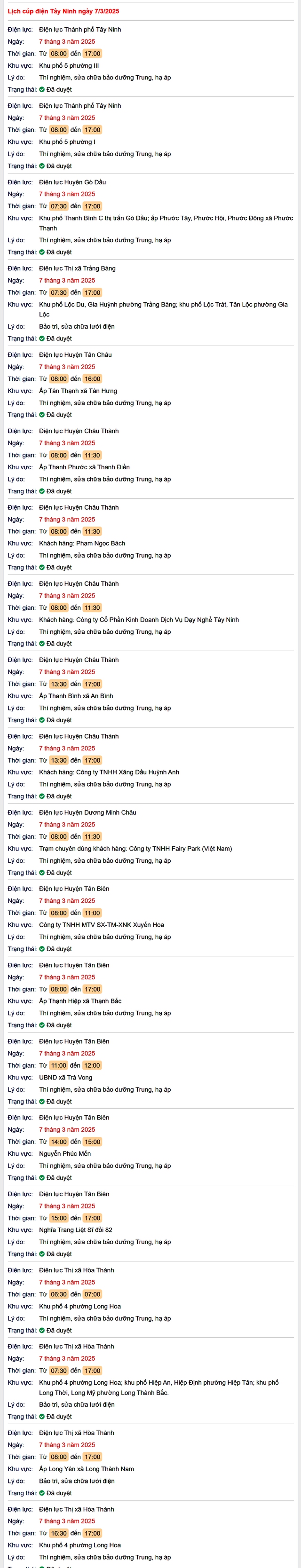 Lịch cúp điện hôm nay Thứ 6 ngày 7/3/2025 tại Tây Ninh- Ảnh 1. Lịch cúp điện hôm nay Thứ 6 ngày 7/3/2025 tại Tây Ninh- Ảnh 1.