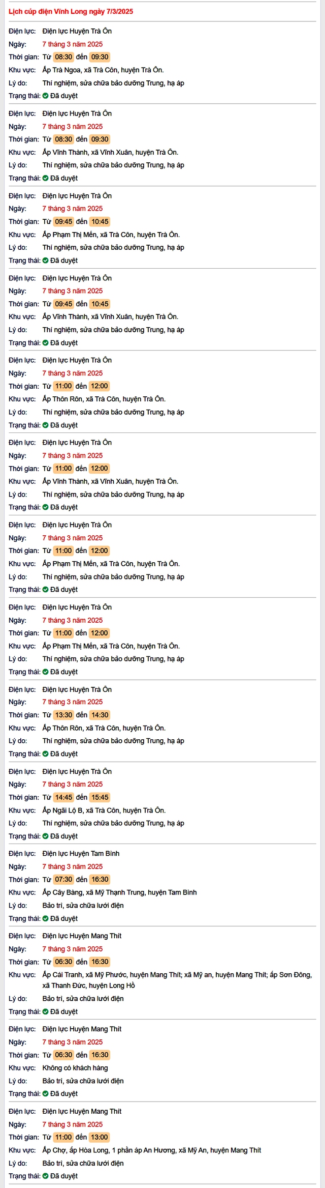 Lịch cúp điện hôm nay Thứ 6 ngày 7/3/2025 tại Vĩnh Long- Ảnh 1. Lịch cúp điện hôm nay Thứ 6 ngày 7/3/2025 tại Vĩnh Long- Ảnh 1.