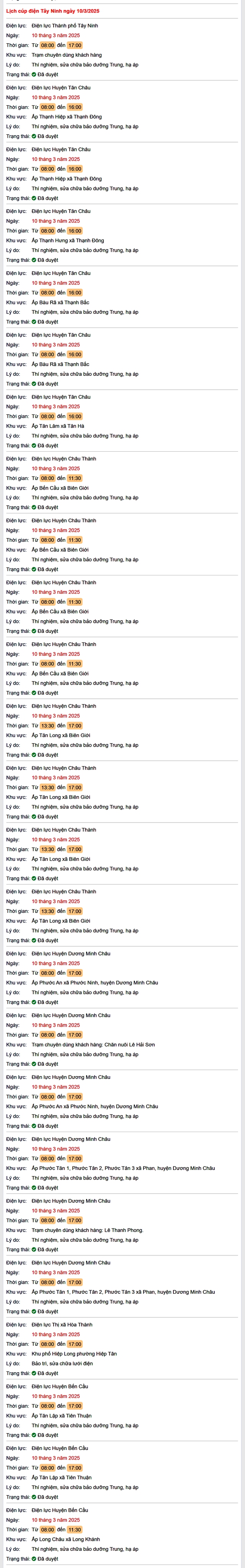 Lịch cúp điện hôm nay Thứ 2 ngày 10/3/2025 tại Tây Ninh- Ảnh 1. Lịch cúp điện hôm nay Thứ 2 ngày 10/3/2025 tại Tây Ninh- Ảnh 1.