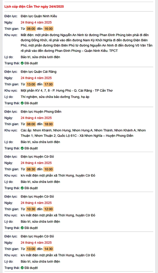 Tra cứu lịch cúp điện hôm nay Thứ 5 ngày 24/4/2025 tại Cần Thơ- Ảnh 1.