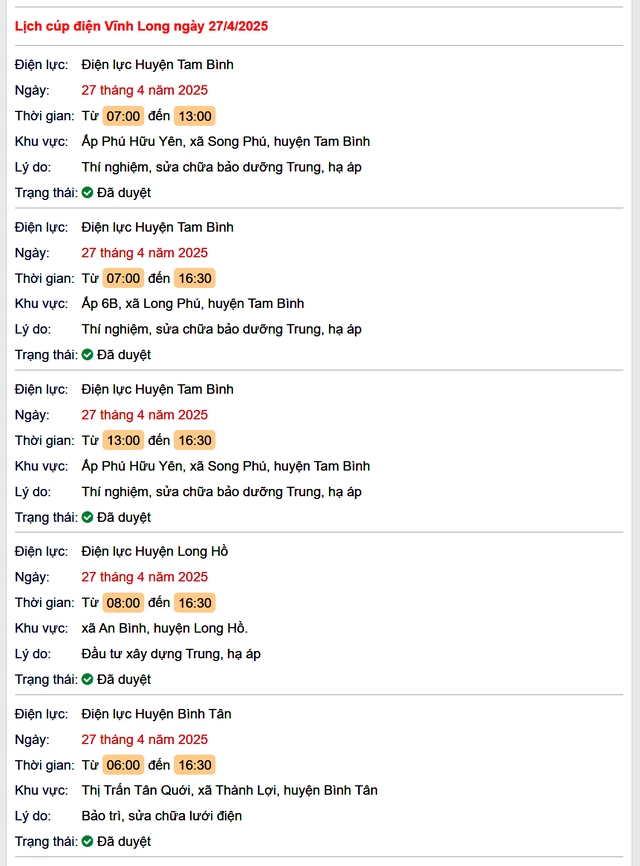 Tra cứu lịch cúp điện hôm nay Chủ Nhật ngày 27/4/2025 tại Vĩnh Long- Ảnh 1. Tra cứu lịch cúp điện hôm nay Chủ Nhật ngày 27/4/2025 tại Vĩnh Long- Ảnh 1.