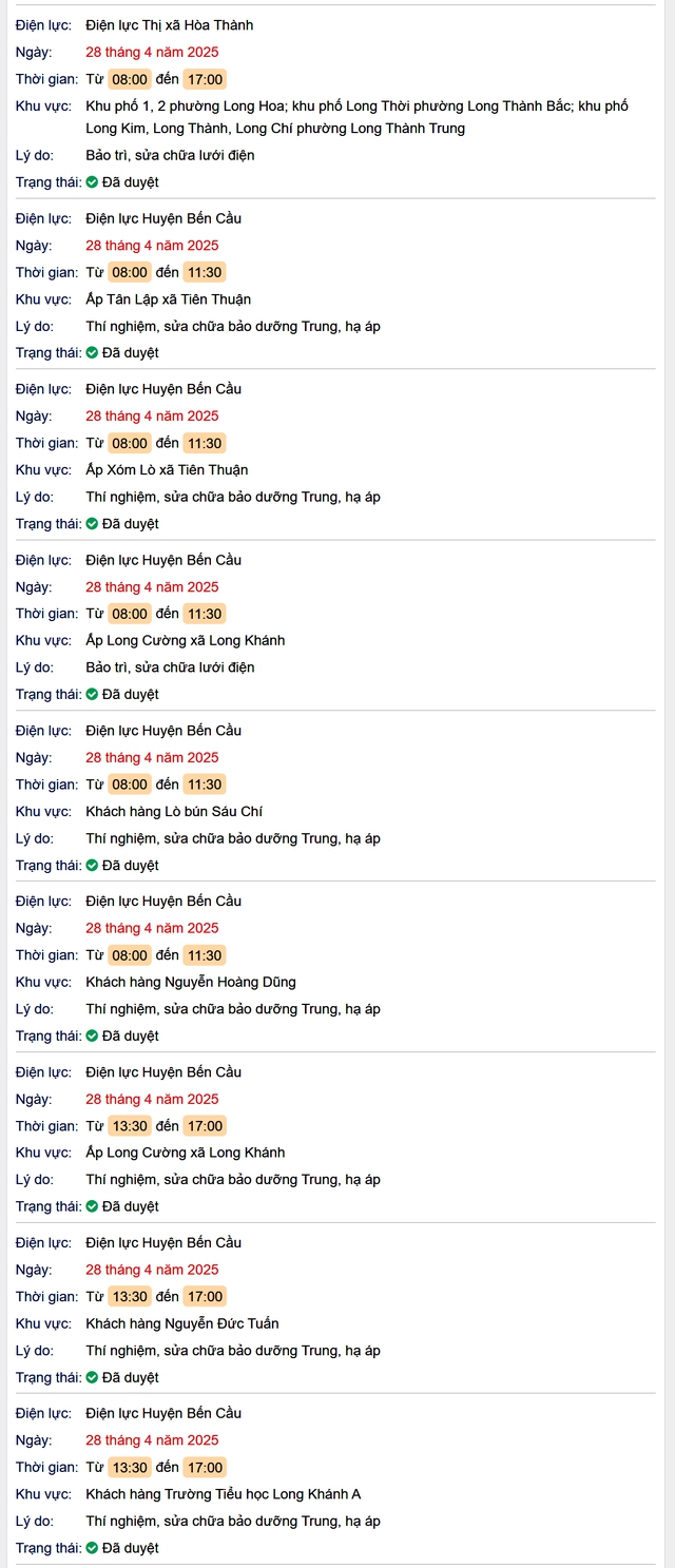 Tra cứu lịch cúp điện hôm nay Thứ 2 ngày 28/4/2025 tại Tây Ninh- Ảnh 2. Tra cứu lịch cúp điện hôm nay Thứ 2 ngày 28/4/2025 tại Tây Ninh- Ảnh 2.