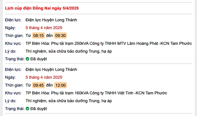 Lịch cúp điện hôm nay Thứ 7 ngày 5/4/2025 tại Đồng Nai- Ảnh 1. Lịch cúp điện hôm nay Thứ 7 ngày 5/4/2025 tại Đồng Nai- Ảnh 1.